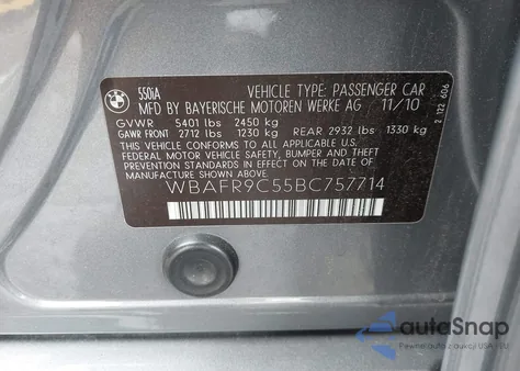 2011 BMW 550I from USA, damaged, VIN WBAFR9C55BC757714